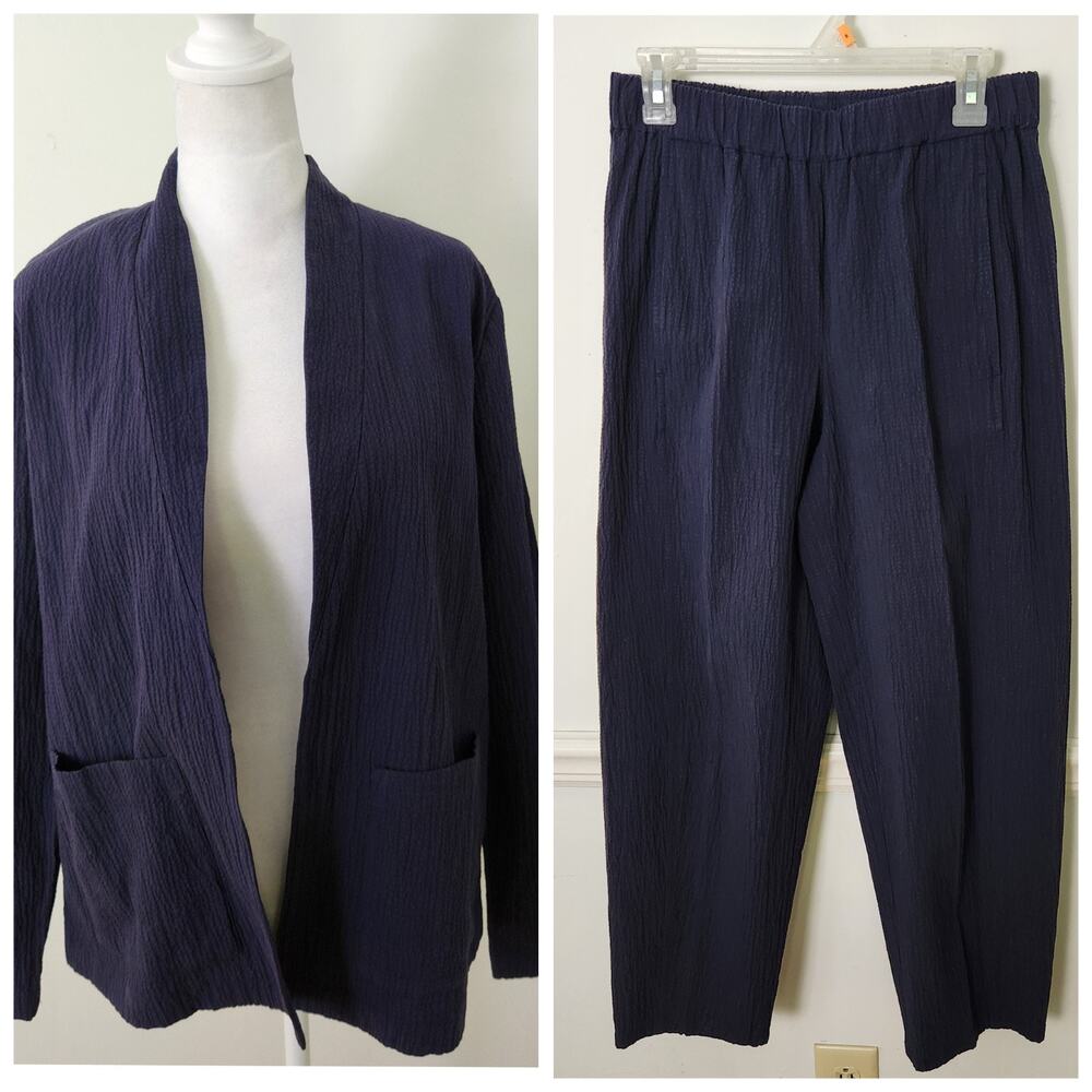 Eileen Fisher Set XS Double Weave Lantern Pants Organic Cotton Pucker Jacket